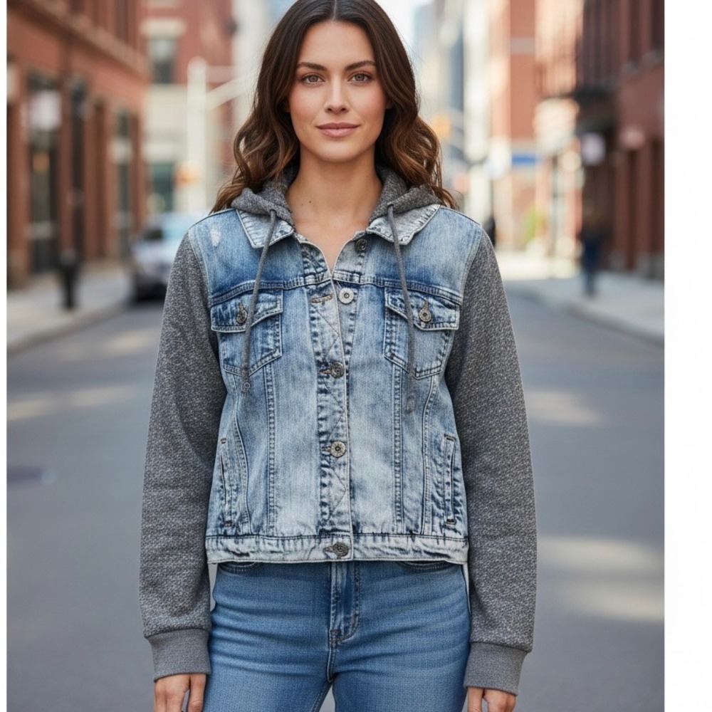 Maurices Hooded Denim Jacket Womens M Medium Blue Gray Mixed Media Trucker